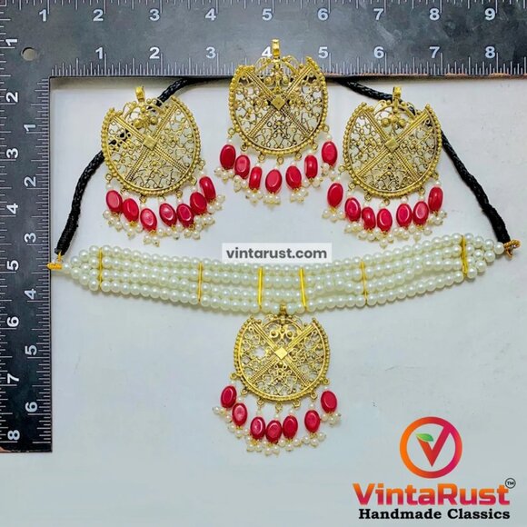 Pearls Jewelry Set, White Pearls Handmade Beaded Jewelry Set, Ethnic Choker - Picture 3 of 4